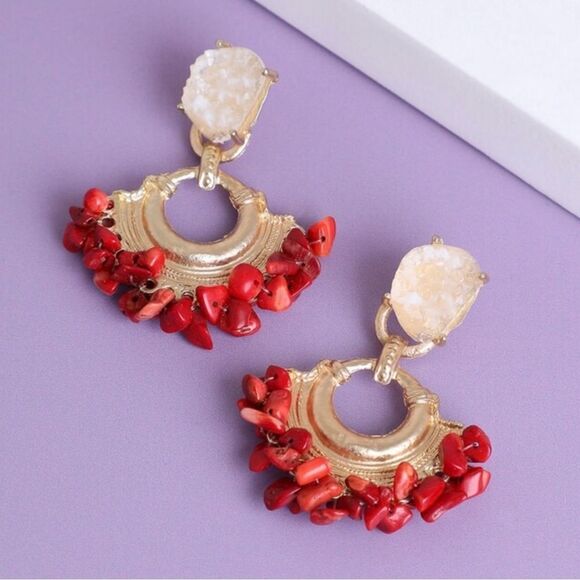Zara Jewelry - Boho Red Coral and Crystal Drop Earrings